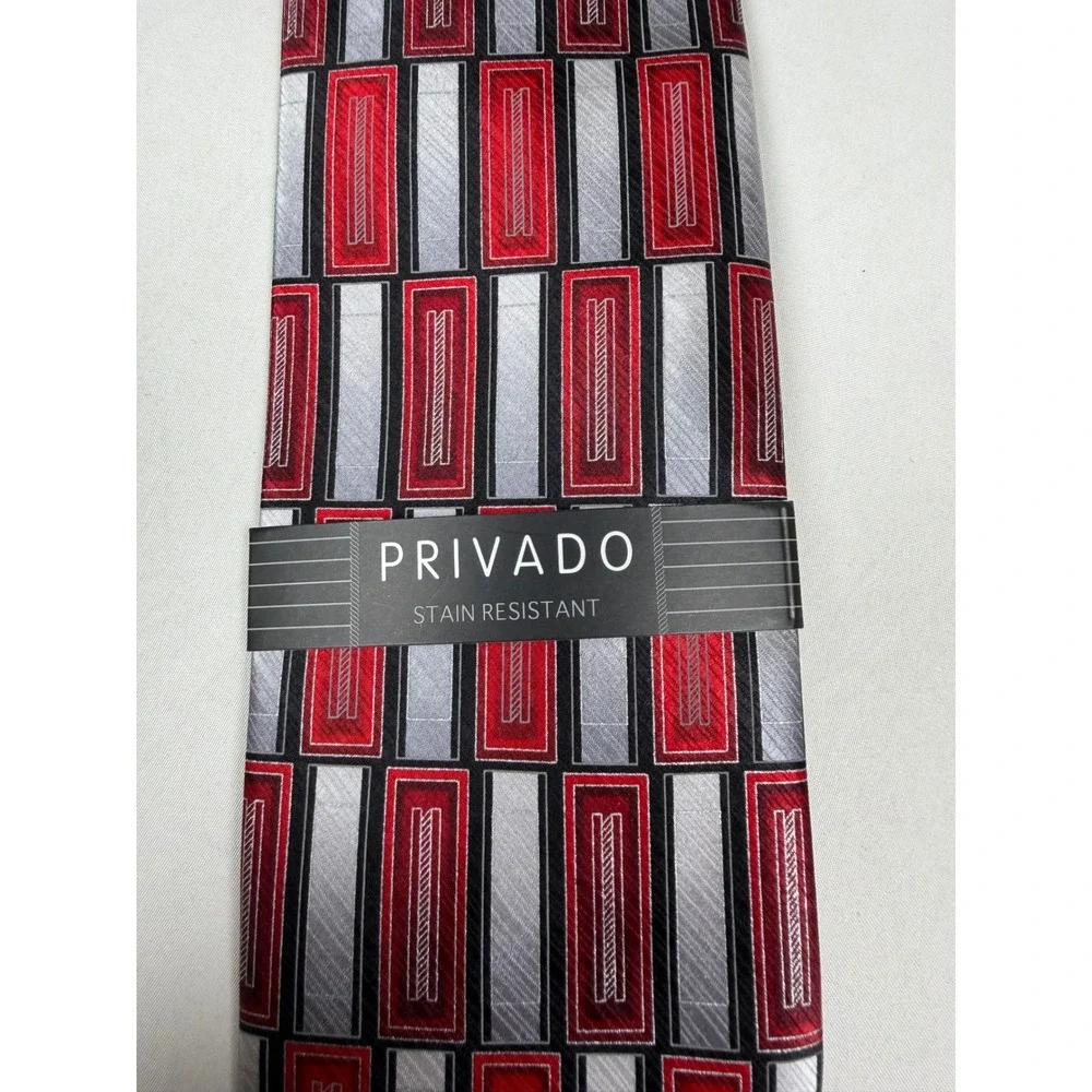 Privado Mens Silk Tie Red Silver Black Geometric Stain Resistant Hand Made